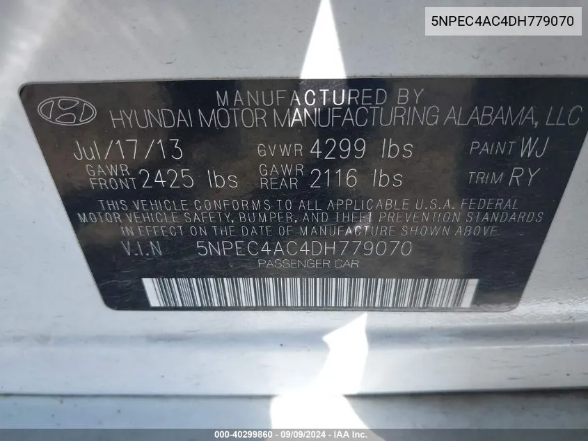 5NPEC4AC4DH779070 2013 Hyundai Sonata Se