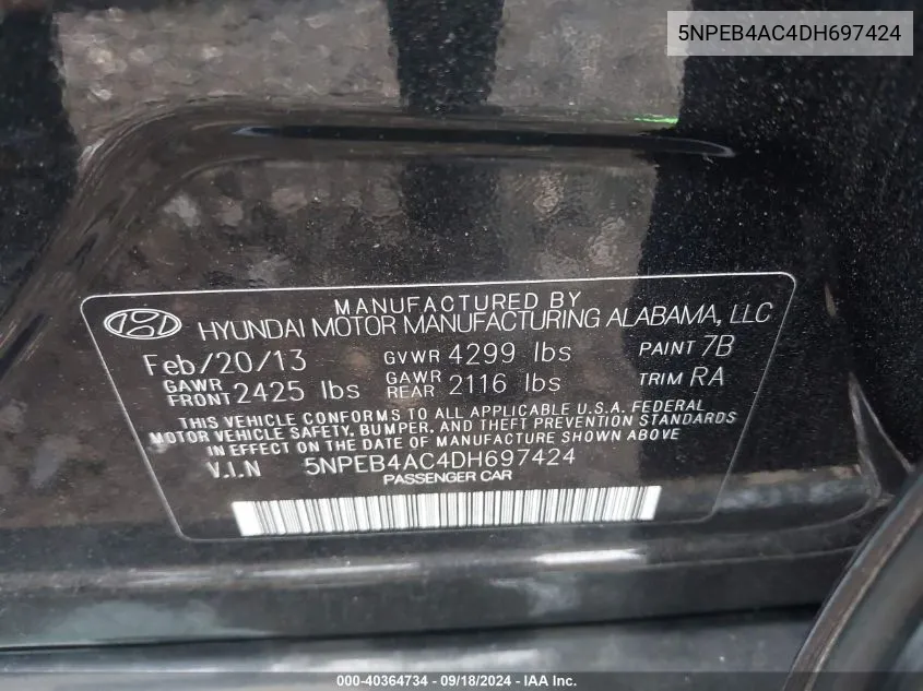 5NPEB4AC4DH697424 2013 Hyundai Sonata Gls