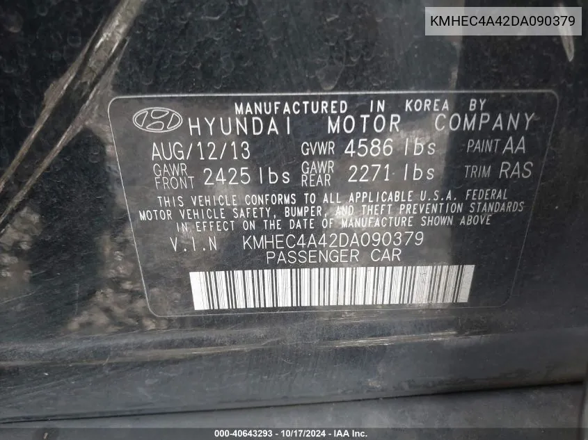 2013 Hyundai Sonata Hybrid Limited VIN: KMHEC4A42DA090379 Lot: 40643293