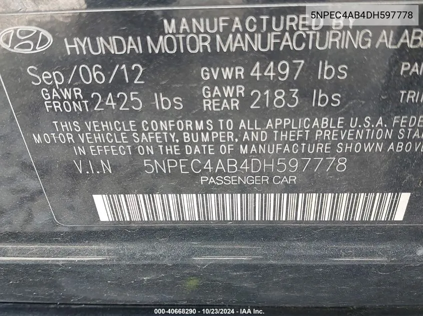 5NPEC4AB4DH597778 2013 Hyundai Sonata Limited 2.0T