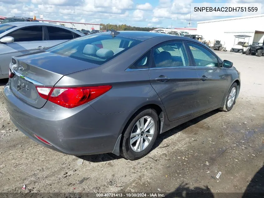 2013 Hyundai Sonata Gls VIN: 5NPEB4AC2DH751559 Lot: 40721413