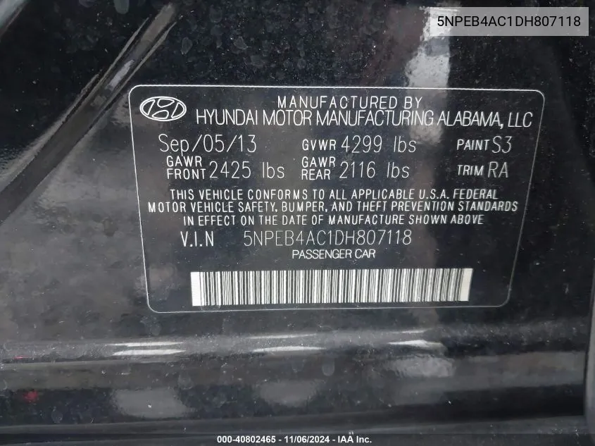 2013 Hyundai Sonata Gls VIN: 5NPEB4AC1DH807118 Lot: 40802465