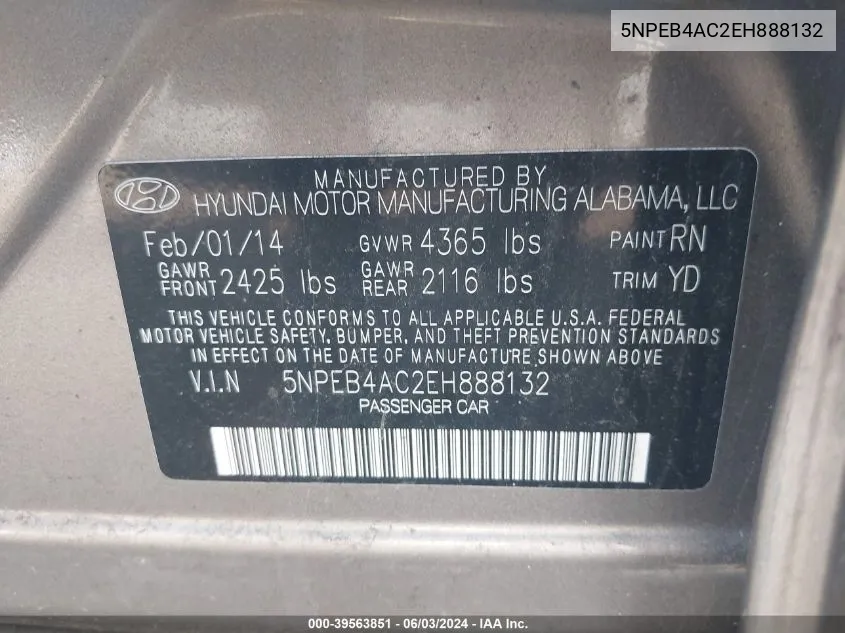 2014 Hyundai Sonata Gls VIN: 5NPEB4AC2EH888132 Lot: 39563851