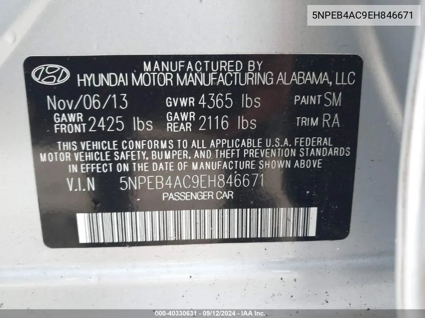 5NPEB4AC9EH846671 2014 Hyundai Sonata Gls