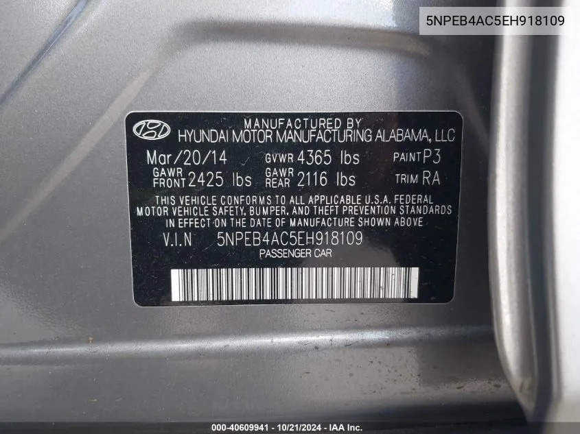 5NPEB4AC5EH918109 2014 Hyundai Sonata Gls