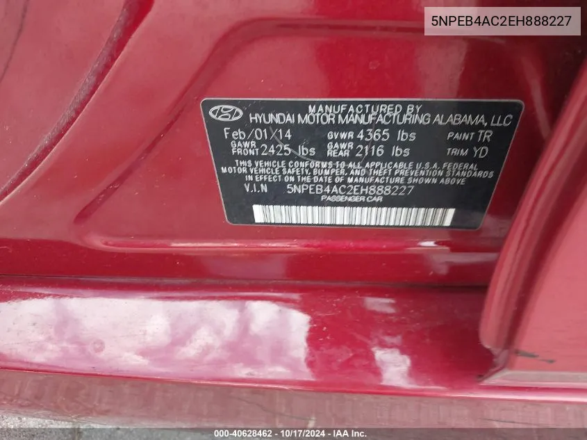 5NPEB4AC2EH888227 2014 Hyundai Sonata Gls