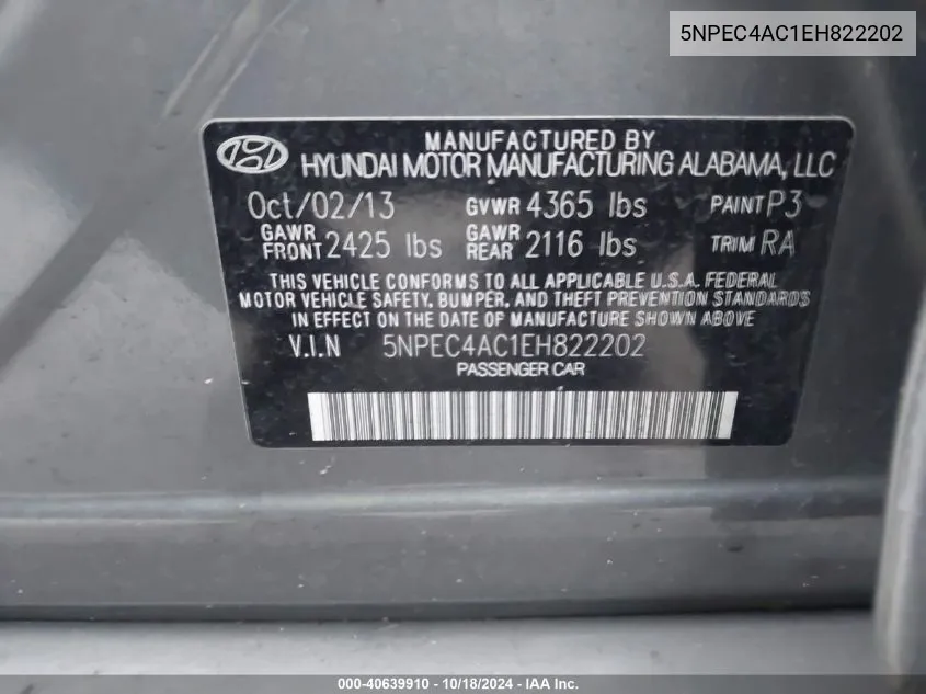 5NPEC4AC1EH822202 2014 Hyundai Sonata Se