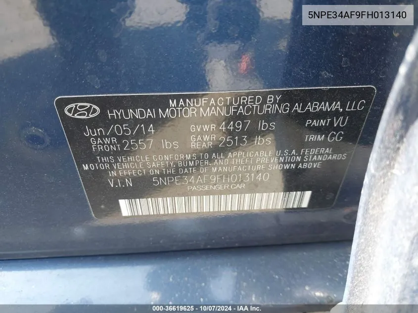 2015 Hyundai Sonata Limited VIN: 5NPE34AF9FH013140 Lot: 36619625