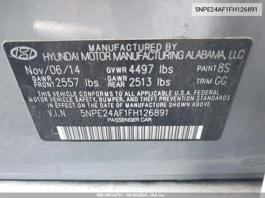 5NPE24AF1FH126891 2015 Hyundai Sonata Se