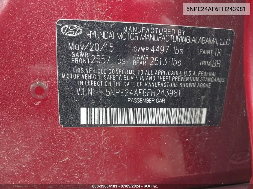 5NPE24AF6FH243981 2015 Hyundai Sonata Se