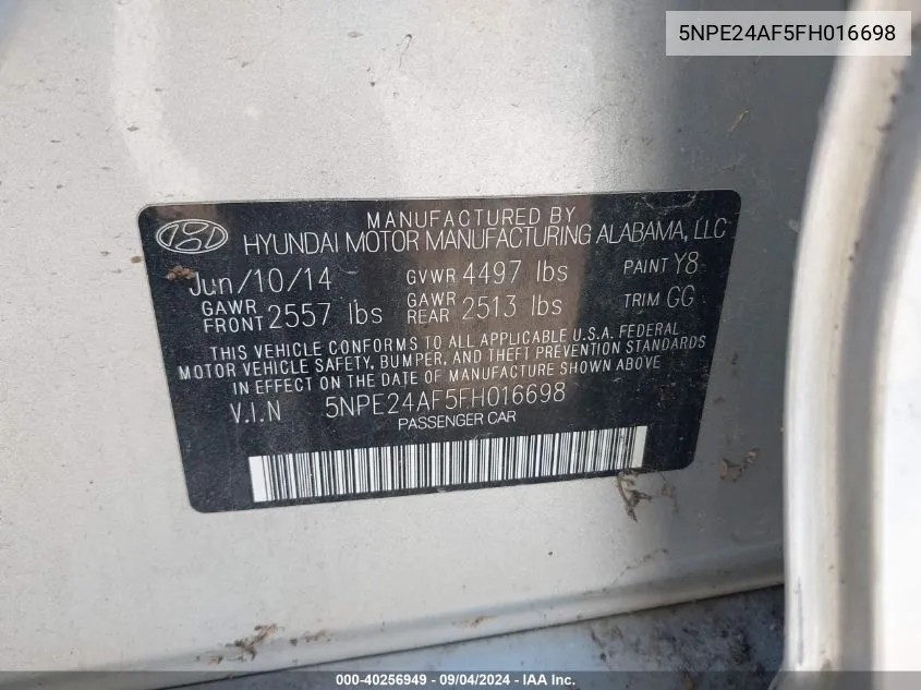 5NPE24AF5FH016698 2015 Hyundai Sonata Se