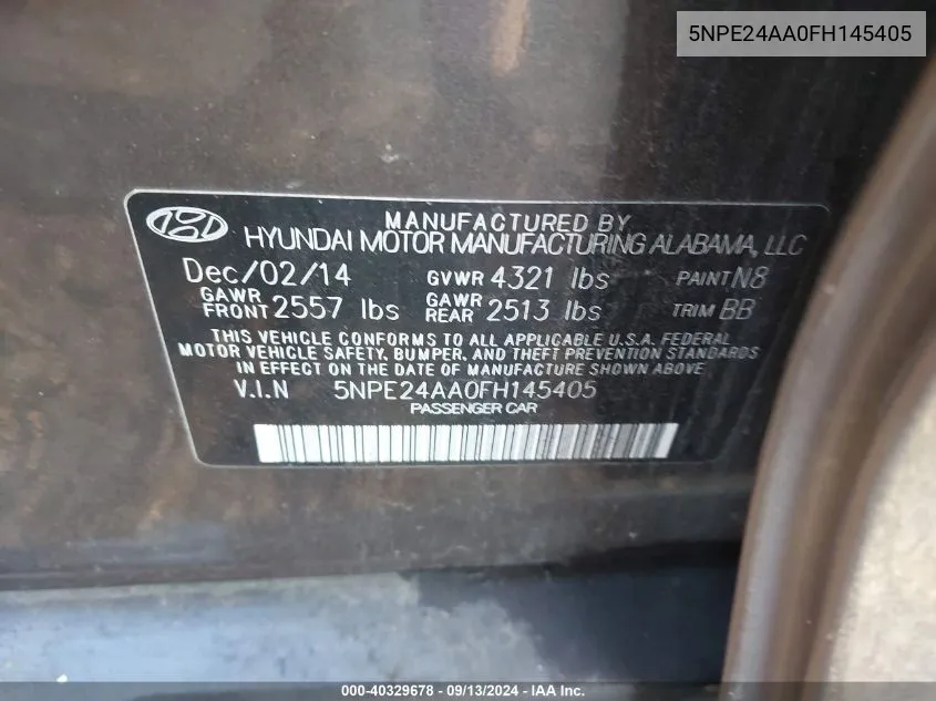 5NPE24AA0FH145405 2015 Hyundai Sonata Eco