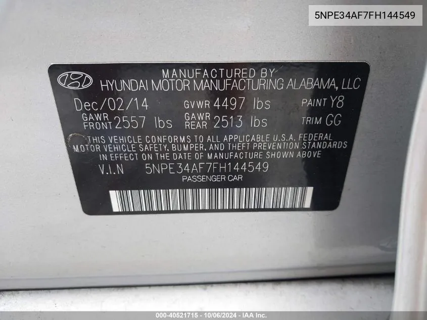 2015 Hyundai Sonata Sport/Limited VIN: 5NPE34AF7FH144549 Lot: 40521715