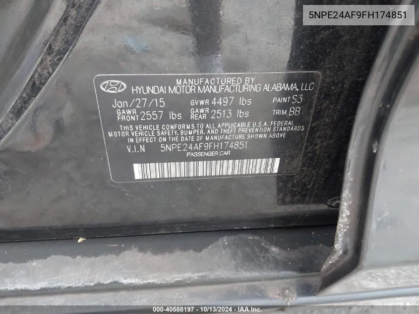 5NPE24AF9FH174851 2015 Hyundai Sonata Se