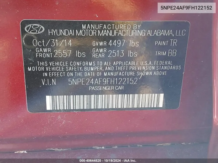 5NPE24AF9FH122152 2015 Hyundai Sonata Se