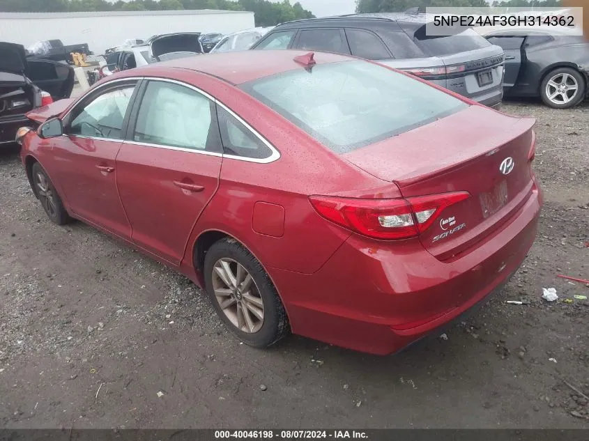 2016 Hyundai Sonata Se VIN: 5NPE24AF3GH314362 Lot: 40046198