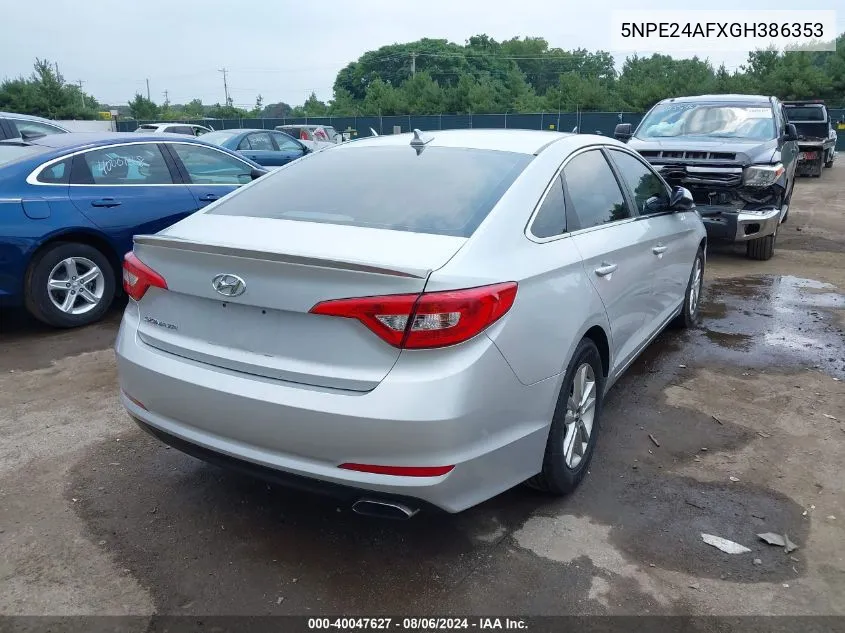 2016 Hyundai Sonata Se VIN: 5NPE24AFXGH386353 Lot: 40047627