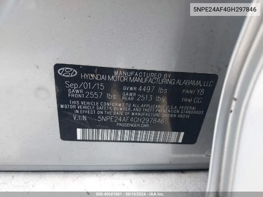 5NPE24AF4GH297846 2016 Hyundai Sonata Se