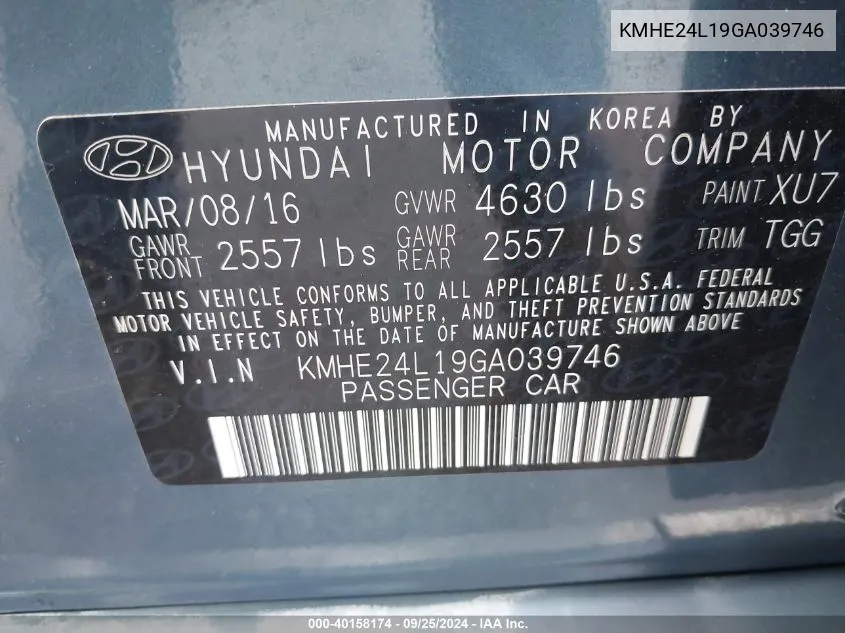 2016 Hyundai Sonata Hybrid/Se VIN: KMHE24L19GA039746 Lot: 40158174