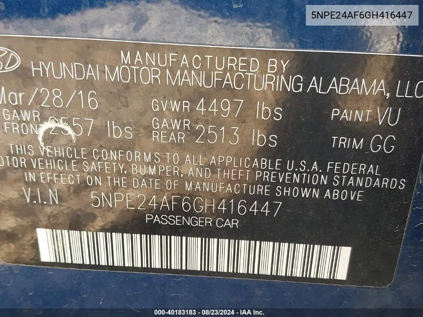 5NPE24AF6GH416447 2016 Hyundai Sonata