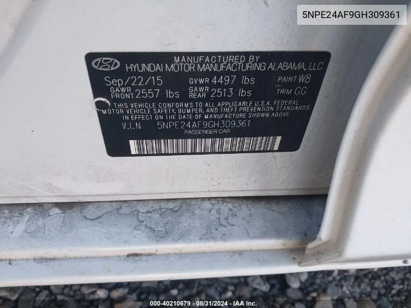 5NPE24AF9GH309361 2016 Hyundai Sonata Se