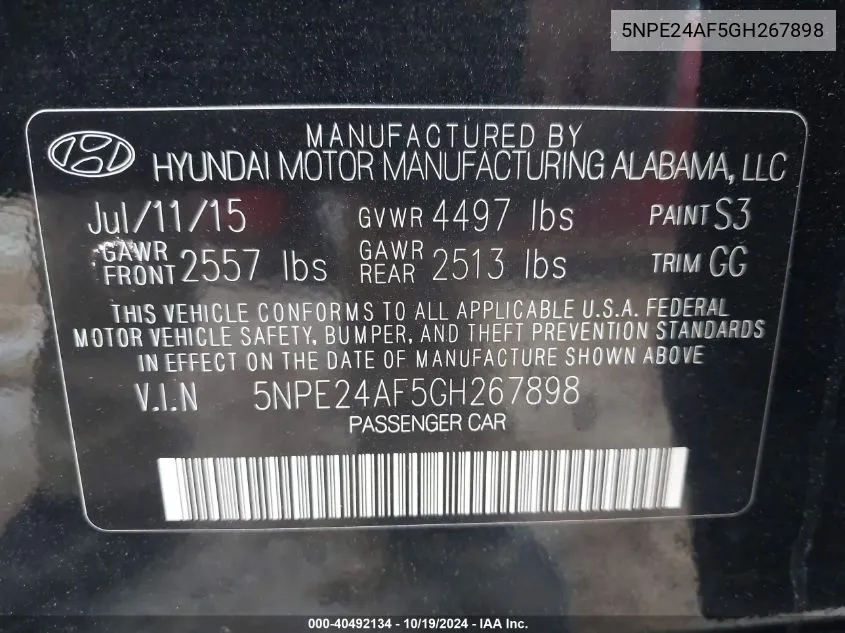 5NPE24AF5GH267898 2016 Hyundai Sonata Se