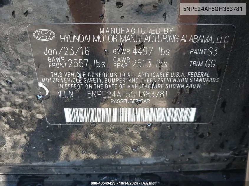 5NPE24AF5GH383781 2016 Hyundai Sonata Se