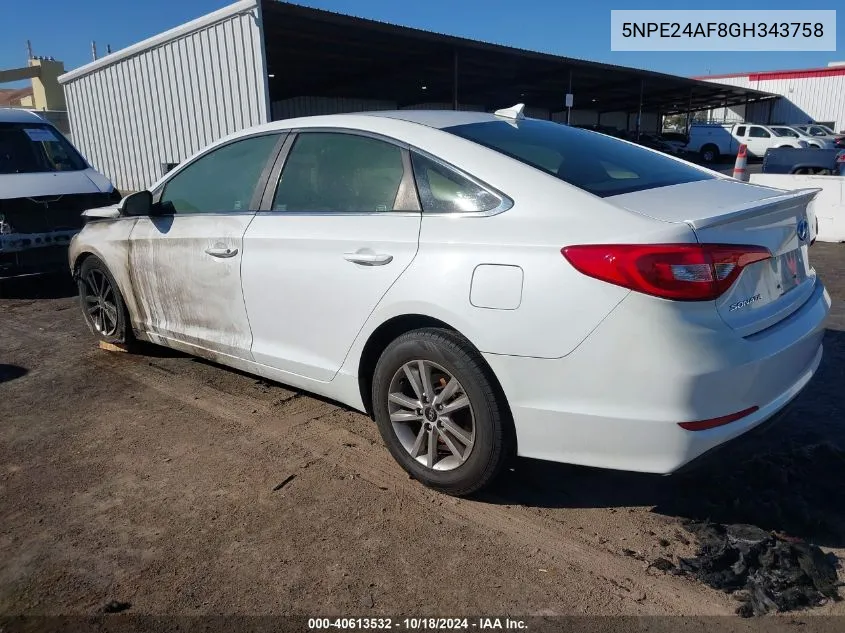 2016 Hyundai Sonata Se VIN: 5NPE24AF8GH343758 Lot: 40613532