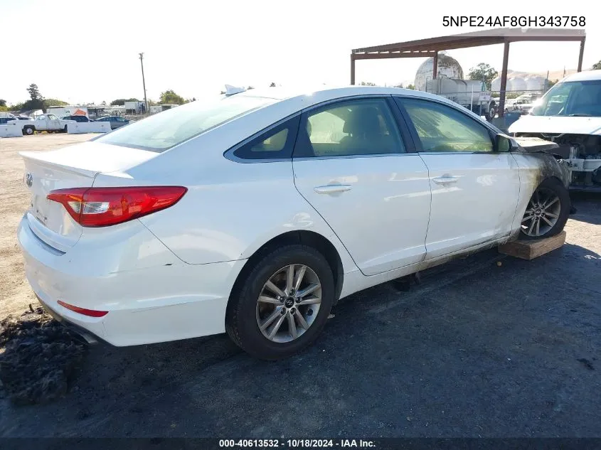 2016 Hyundai Sonata Se VIN: 5NPE24AF8GH343758 Lot: 40613532