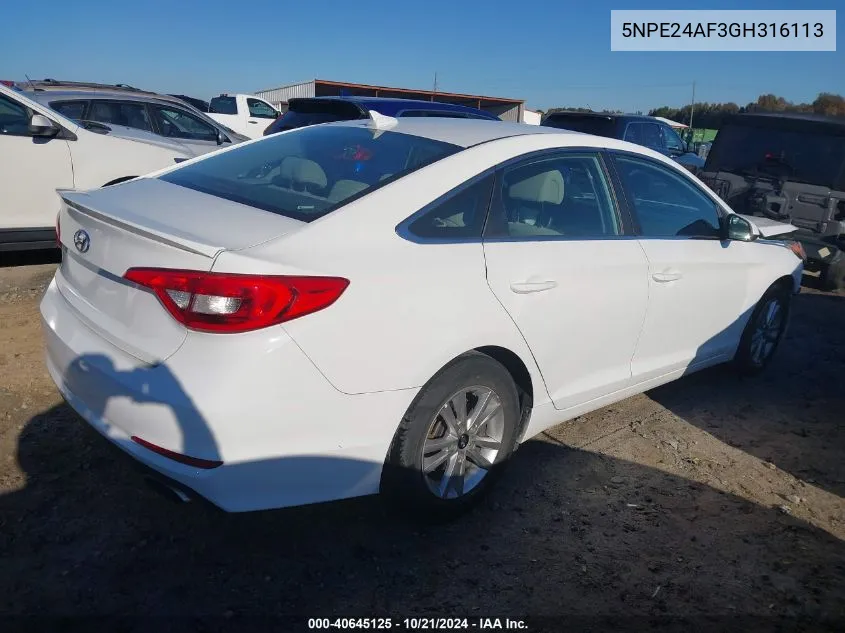 2016 Hyundai Sonata Se VIN: 5NPE24AF3GH316113 Lot: 40645125