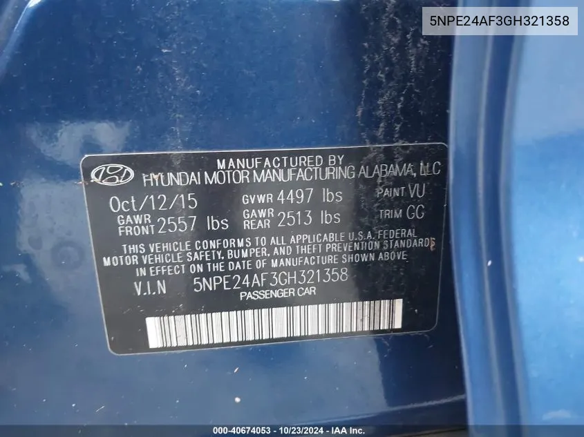 5NPE24AF3GH321358 2016 Hyundai Sonata Se