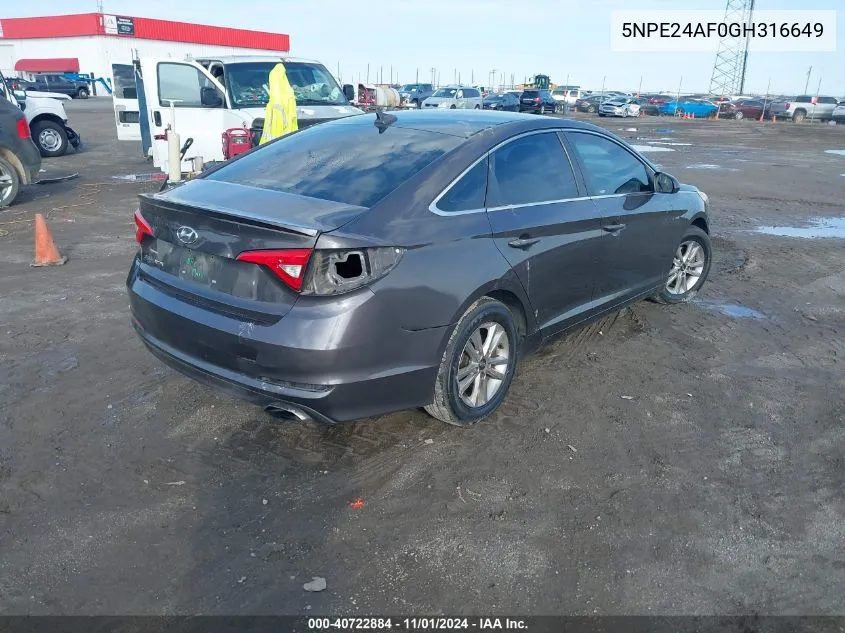 2016 Hyundai Sonata Se VIN: 5NPE24AF0GH316649 Lot: 40722884