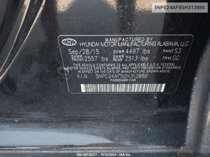 5NPE24AF5GH312886 2016 Hyundai Sonata Se