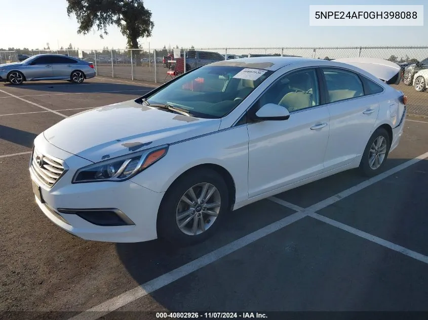 2016 Hyundai Sonata VIN: 5NPE24AF0GH398088 Lot: 40802926