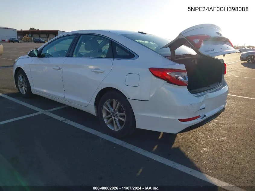 2016 Hyundai Sonata VIN: 5NPE24AF0GH398088 Lot: 40802926