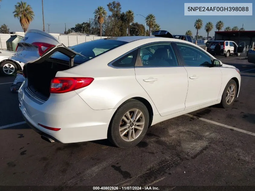 2016 Hyundai Sonata VIN: 5NPE24AF0GH398088 Lot: 40802926