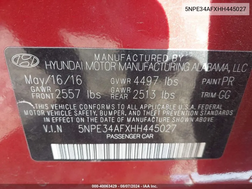 5NPE34AFXHH445027 2017 Hyundai Sonata Sport