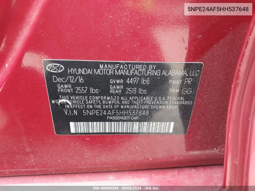 5NPE24AF5HH537648 2017 Hyundai Sonata