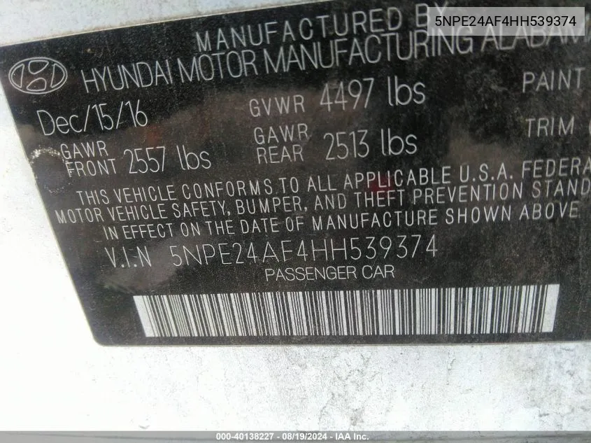 5NPE24AF4HH539374 2017 Hyundai Sonata Se