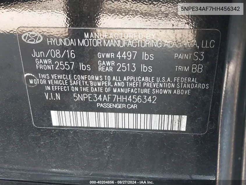 5NPE34AF7HH456342 2017 Hyundai Sonata Sport