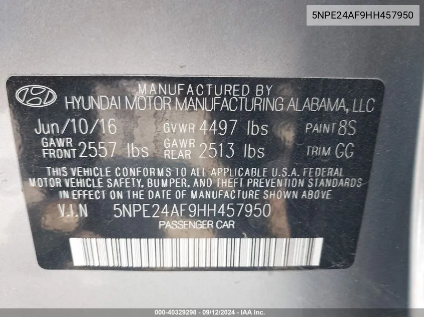 5NPE24AF9HH457950 2017 Hyundai Sonata 2.4L