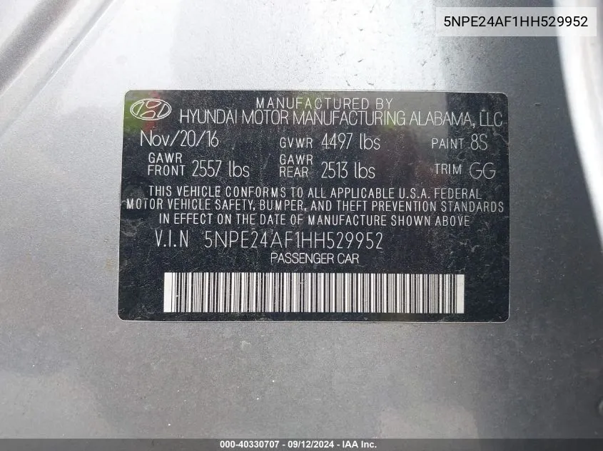 5NPE24AF1HH529952 2017 Hyundai Sonata Se