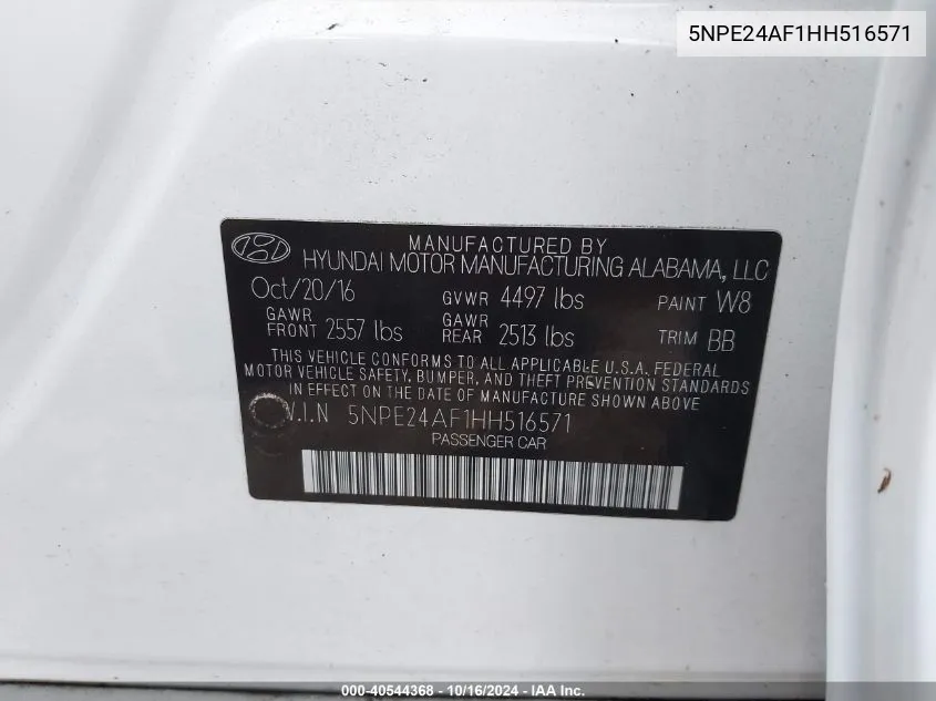 5NPE24AF1HH516571 2017 Hyundai Sonata Se