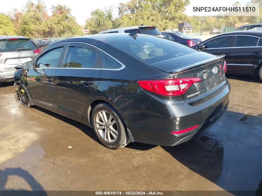 2017 Hyundai Sonata Se VIN: 5NPE24AF0HH511510 Lot: 40619174