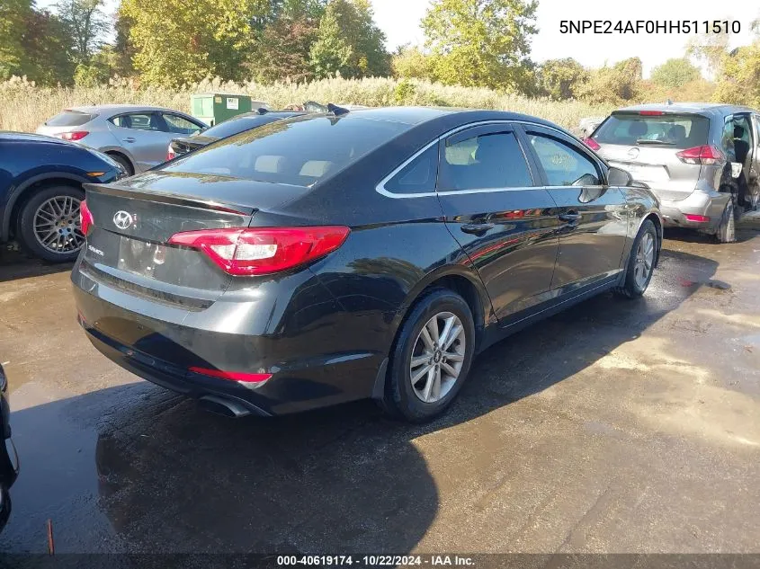 2017 Hyundai Sonata Se VIN: 5NPE24AF0HH511510 Lot: 40619174