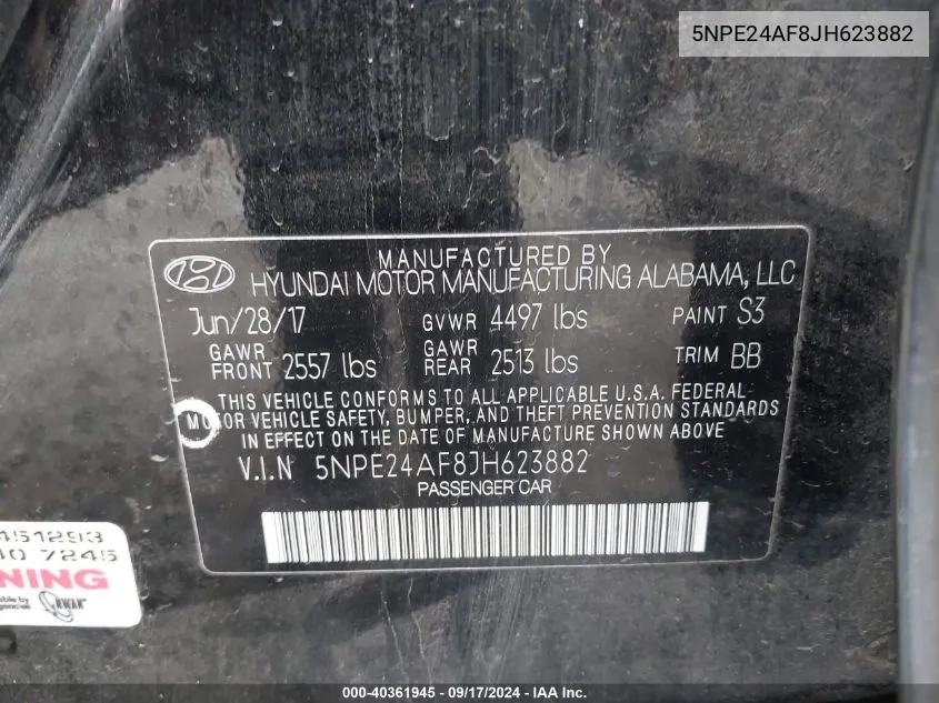 5NPE24AF8JH623882 2018 Hyundai Sonata Se