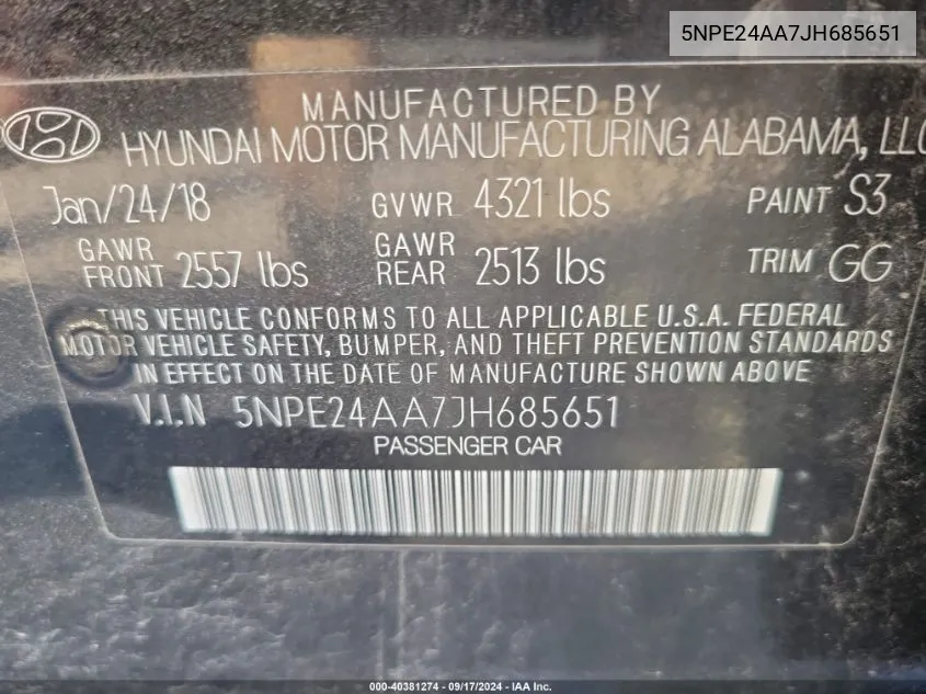 5NPE24AA7JH685651 2018 Hyundai Sonata Eco