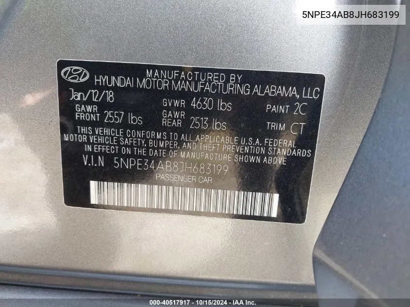 5NPE34AB8JH683199 2018 Hyundai Sonata Limited 2.0T