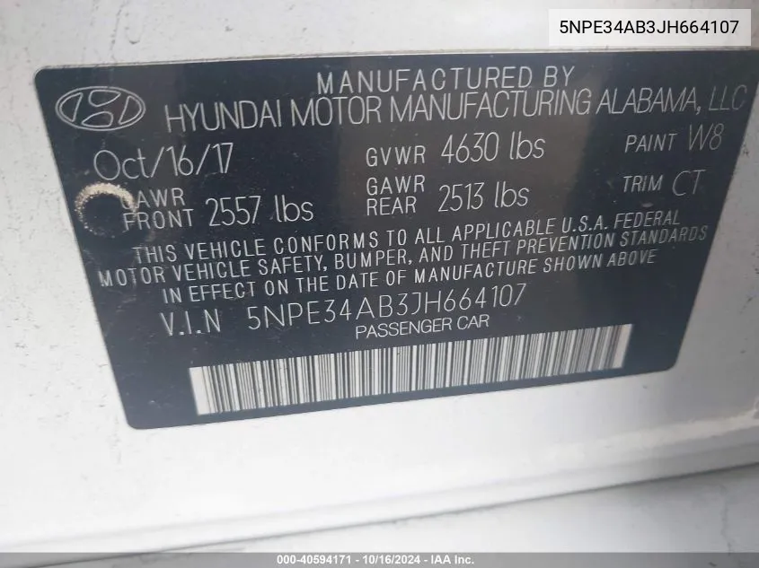 5NPE34AB3JH664107 2018 Hyundai Sonata Limited 2.0T