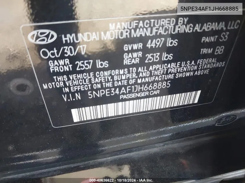 5NPE34AF1JH668885 2018 Hyundai Sonata Sel